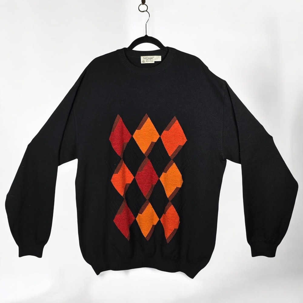 Vintage St. Croix Knits Sweater Men's XL Long Black Merino Wool Argyle Pattern‎